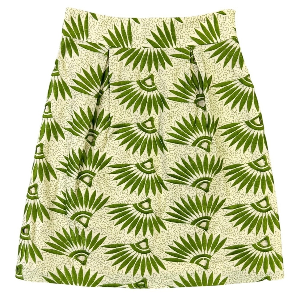 Antonio Melani Skirt Women Size 0 Green White Tropical Palm Leaf Embroidered
